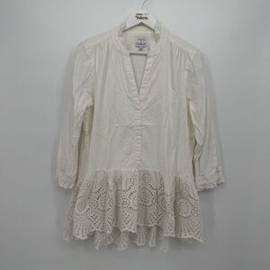 Koko + Mason White Cotton Eyelet Basic Long Blouse Top Size Large